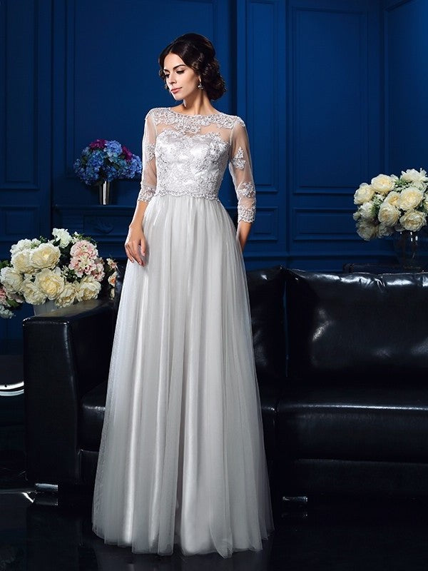 Elastic Woven Satin A-Line/Princess of Applique Long Mother 3/4 Sleeves Scoop the Bride Dresses