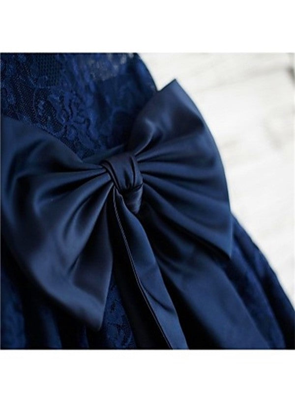 Bowknot Lace A-line/Princess Scoop Tea-Length Sleeveless Flower Girl Dresses