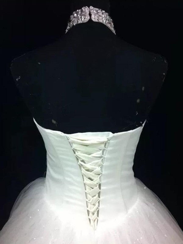 Floor-Length Sequin Sleeveless Halter Ball Gown Beading Tulle Wedding Dresses