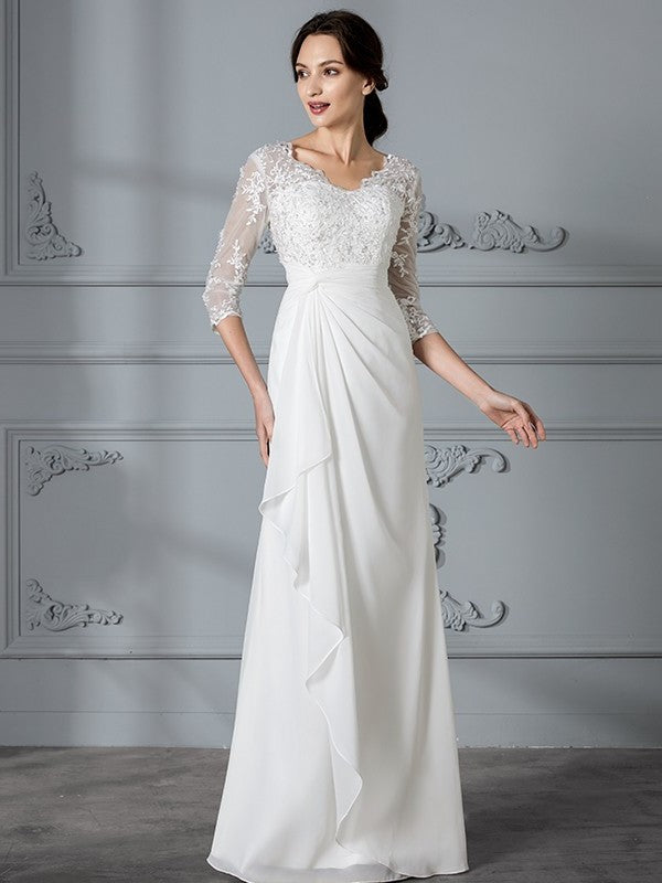 V-neck Chiffon Sheath/Column Sleeves 3/4 Floor-Length Wedding Dresses