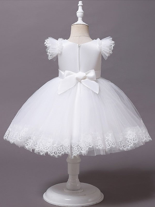 Scoop Tea-Length Gown Short Tulle Applique Ball Sleeves Flower Girl Dresses