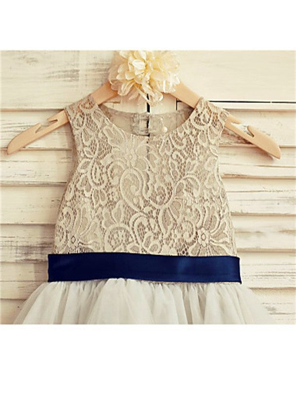 Tulle Scoop Sleeveless A-line/Princess Lace Tea-Length Flower Girl Dresses
