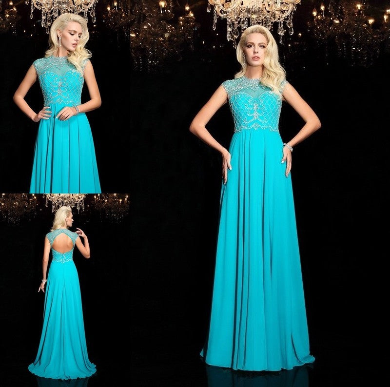 Lace Short Jewel A-Line/Princess Sleeves Long Chiffon Dresses