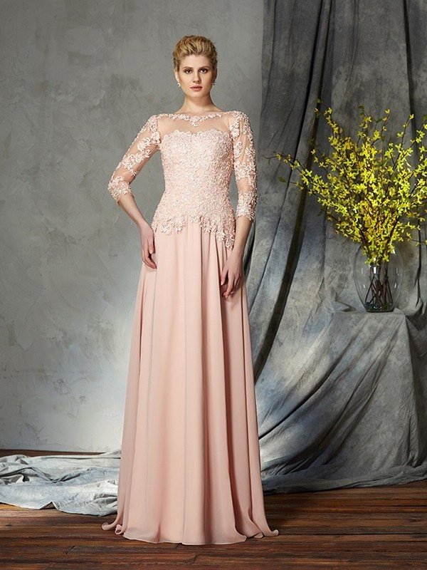 3/4 A-Line/Princess Chiffon Sleeves Applique of Mother Long Scoop the Bride Dresses