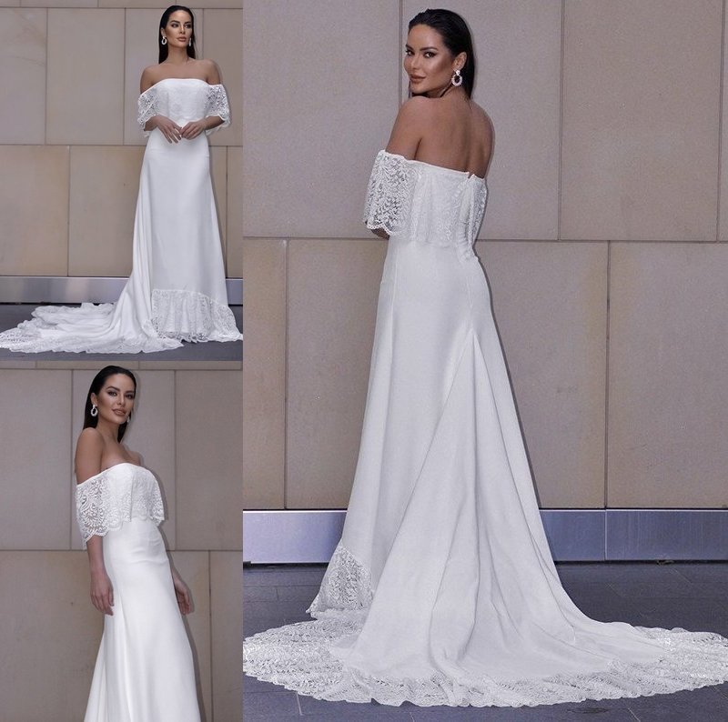 Sheath/Column Sweep/Brush Lace Short Ruffles Sleeves Off-the-Shoulder Train Wedding Dresses
