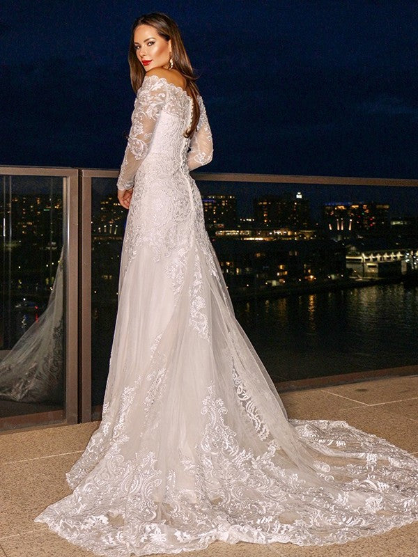 Sheath/Column Off-the-Shoulder Long Lace Court Sleeves Train Wedding Dresses