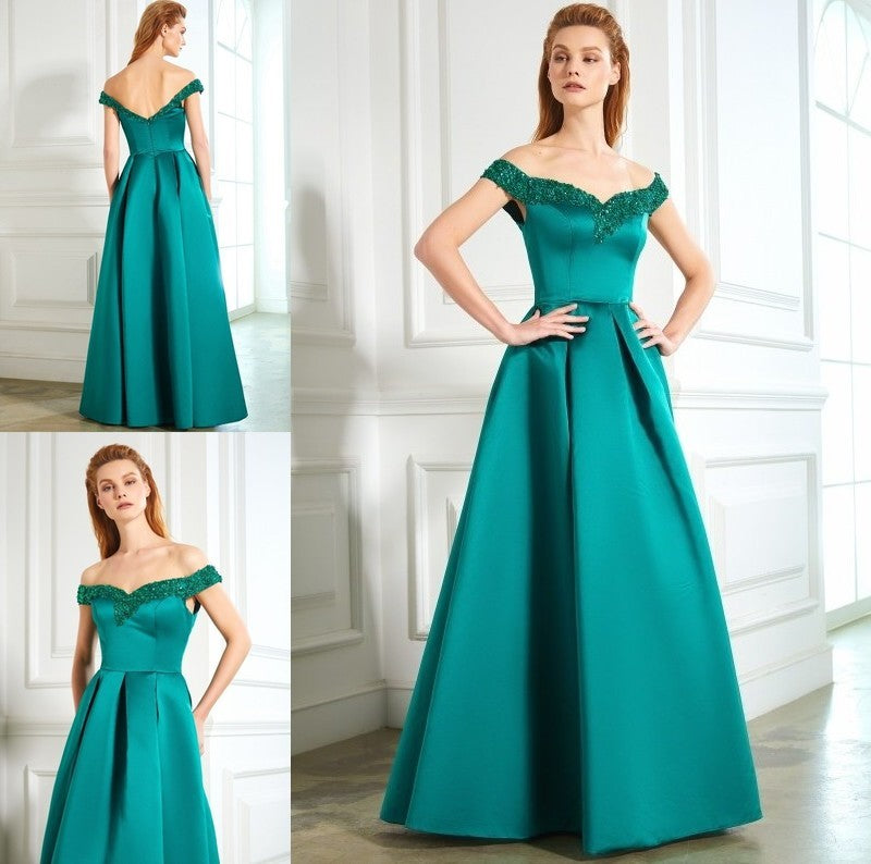 Off-the-Shoulder Sequin A-Line/Princess Sleeveless Satin Floor-Length Dresses