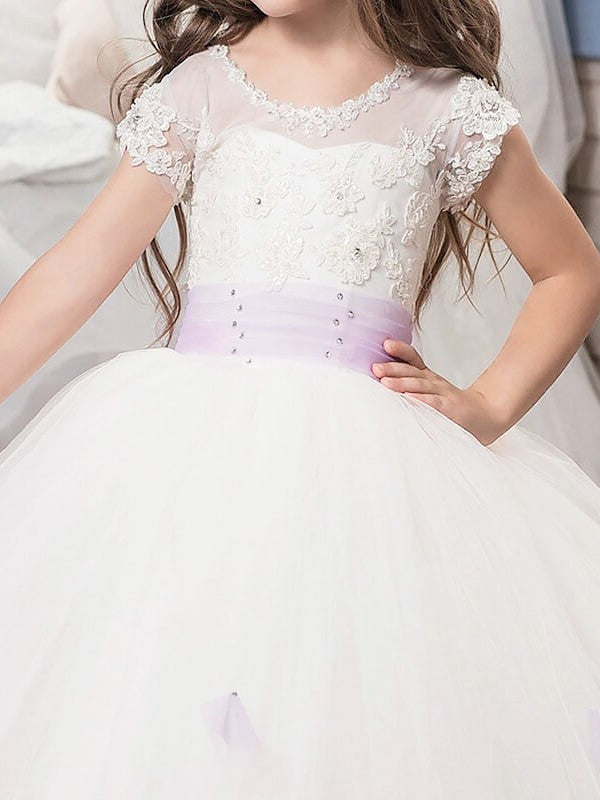 Sleeves Sash/Ribbon/Belt Gown Tulle Ball Short Jewel Floor-Length Flower Girl Dresses