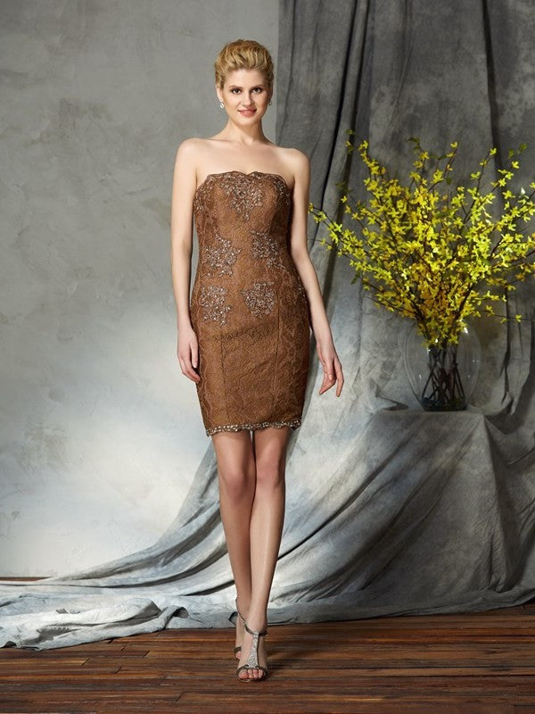 Sheath/Column Sleeveless Lace Short of Mother Lace Strapless the Bride Dresses