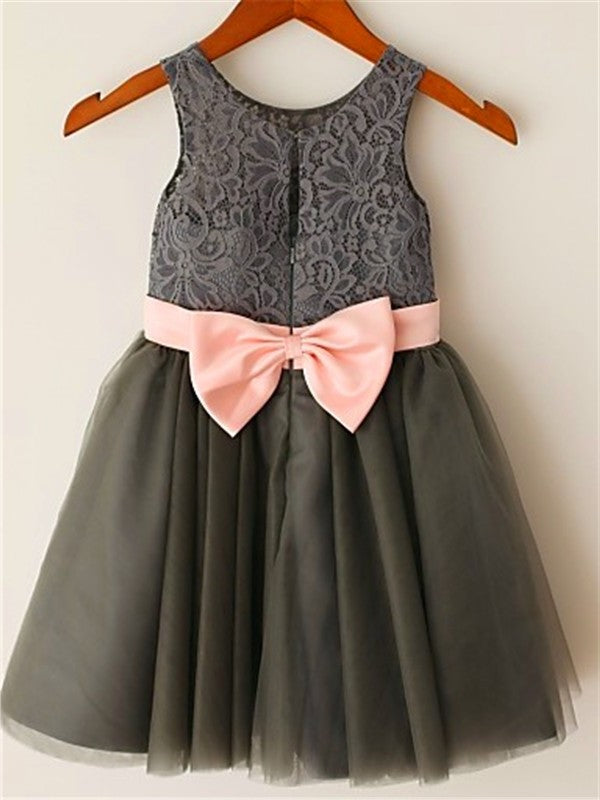 Tulle Sleeveless Tea-Length A-line/Princess Bowknot Scoop Flower Girl Dresses
