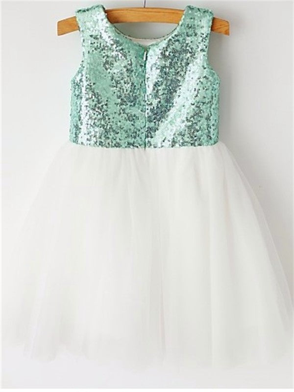Tea-Length Scoop A-line/Princess Sleeveless Sequin Tulle Flower Girl Dresses