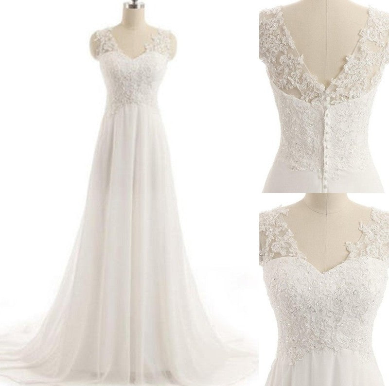 Sleeveless Sweep/Brush A-Line/Princess Lace V-neck Train Chiffon Wedding Dresses