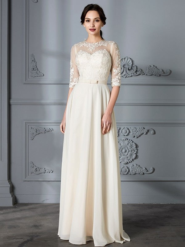 Floor-Length Scoop A-Line/Princess 1/2 Sleeves Chiffon Wedding Dresses