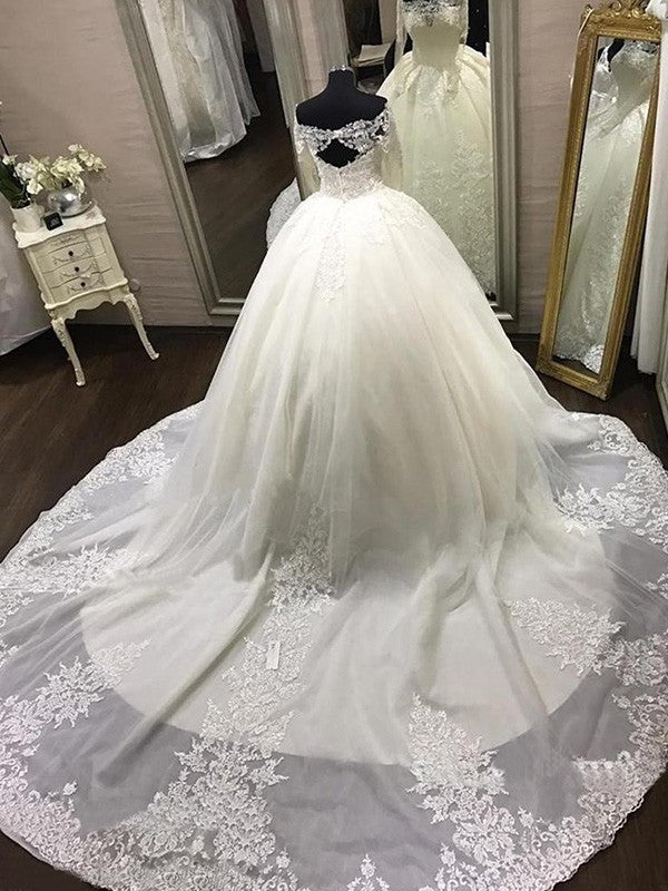 Applique Off-the-Shoulder Cathedral Gown Train Sleeves Ball Long Tulle Wedding Dresses