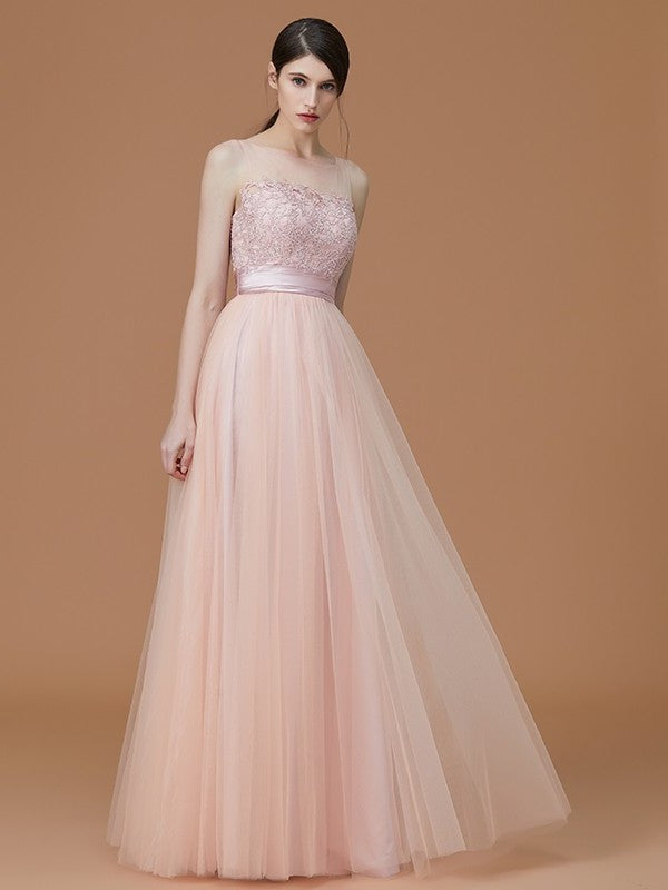 Bateau Sleeveless A-Line/Princess Floor-Length Applique Tulle Bridesmaid Dresses