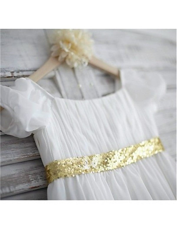 Short Bateau Sleeves Tea-Length Chiffon Beading A-line/Princess Flower Girl Dresses
