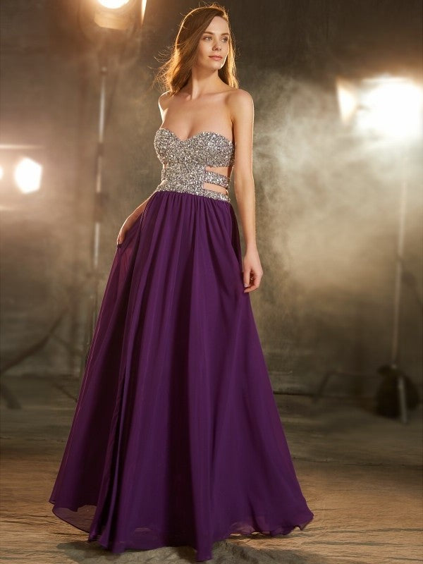 Sleeveless A-Line/Princess Sweetheart Crystal Floor-Length Chiffon Dresses