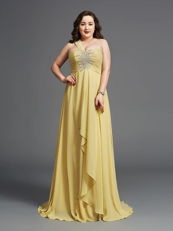 One-Shoulder Chiffon A-Line/Princess Sleeveless Long Rhinestone Plus Size Dresses