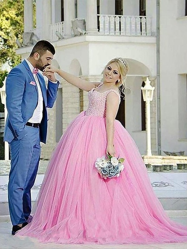 Sweep/Brush Tulle Sweetheart Gown Ball Train Pearls Sleeveless Plus Size Dresses