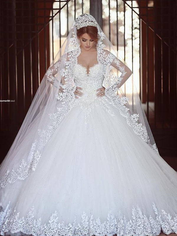 Sleeves Off-the-Shoulder Tulle Gown Ball Court Long Train Wedding Dresses