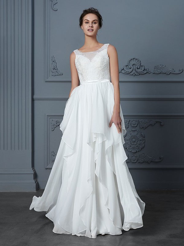 Ruffles Sleeveless A-Line/Princess Scoop Floor-Length Chiffon Wedding Dresses