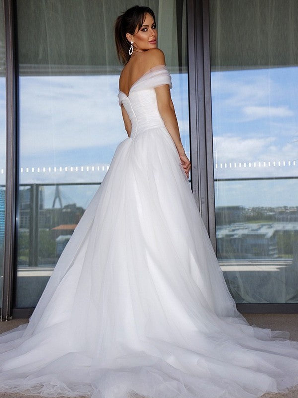 Ruched Sleeveless Tulle Off-the-Shoulder Sweep/Brush A-Line/Princess Train Wedding Dresses