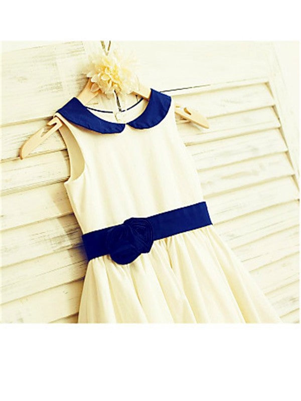 Scoop Satin Flower Hand-made A-line/Princess Sleeveless Tea-Length Flower Girl Dresses