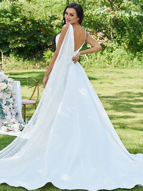 Sweep/Brush V-neck Sleeveless A-Line/Princess Satin Applique Train Wedding Dresses