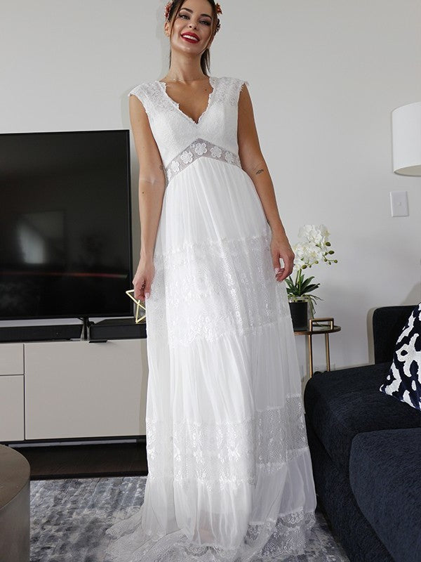 Lace Sleeves A-Line/Princess Ruched Short V-neck Floor-Length Wedding Dresses