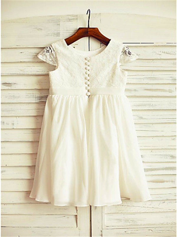 Chiffon Short A-line/Princess Tea-Length Scoop Sleeves Lace Flower Girl Dresses