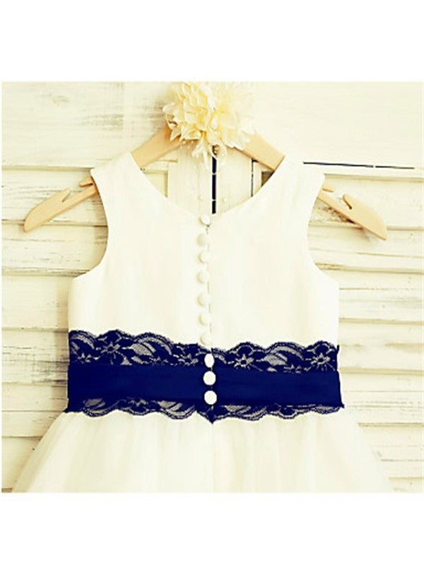 Tea-Length Tulle Scoop A-line/Princess Sleeveless Lace Flower Girl Dresses