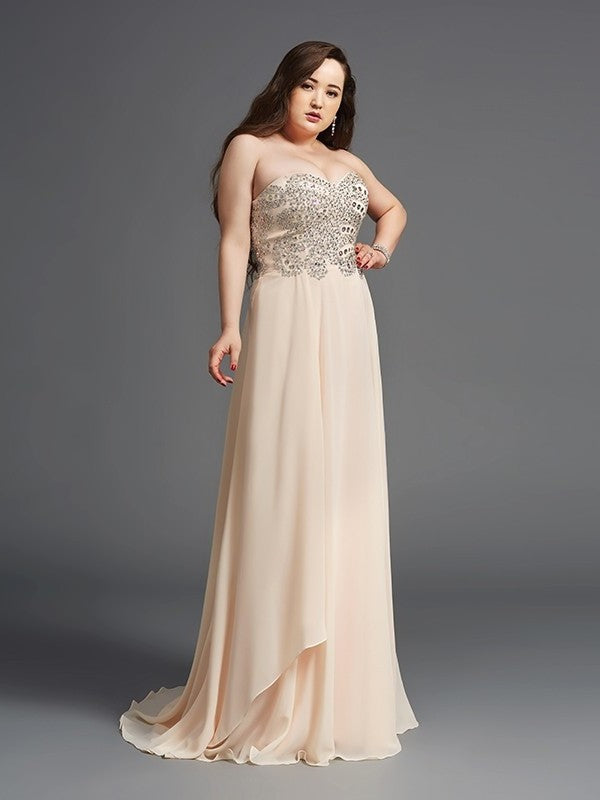 Sleeveless A-Line/Princess Long Chiffon Sweetheart Rhinestone Plus Size Dresses