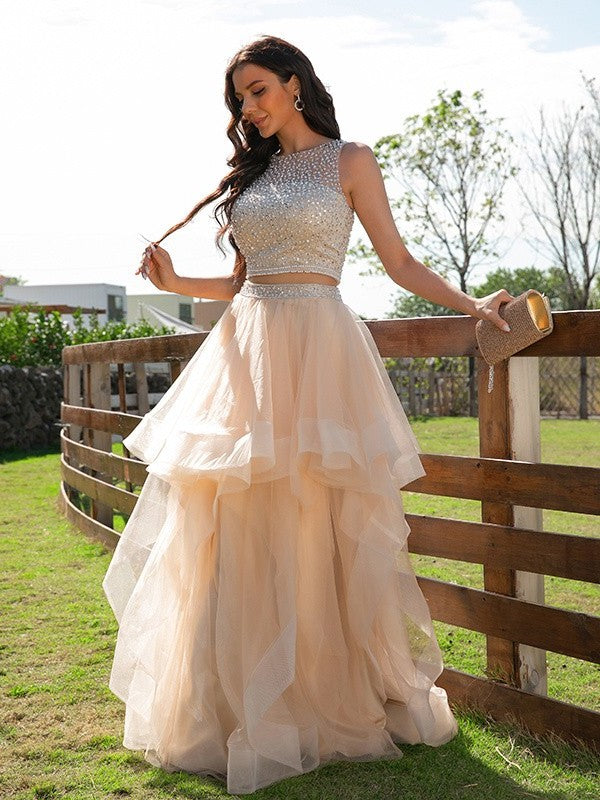 Sleeveless Beading Floor-Length Scoop Tulle A-Line/Princess Two Piece Dresses