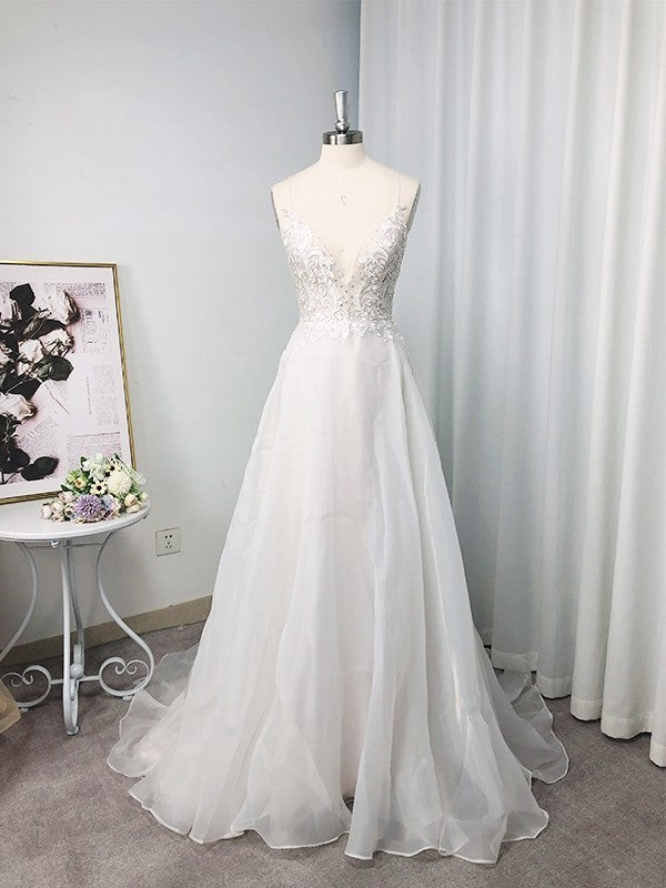 Straps A-Line/Princess Sweep/Brush Spaghetti Sleeveless Applique Chiffon Train Wedding Dresses