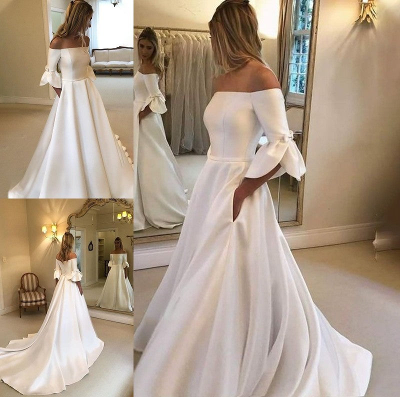 Off-the-Shoulder Sleeves Court Charmeuse A-Line/Princess 3/4 Ruffles Train Wedding Dresses
