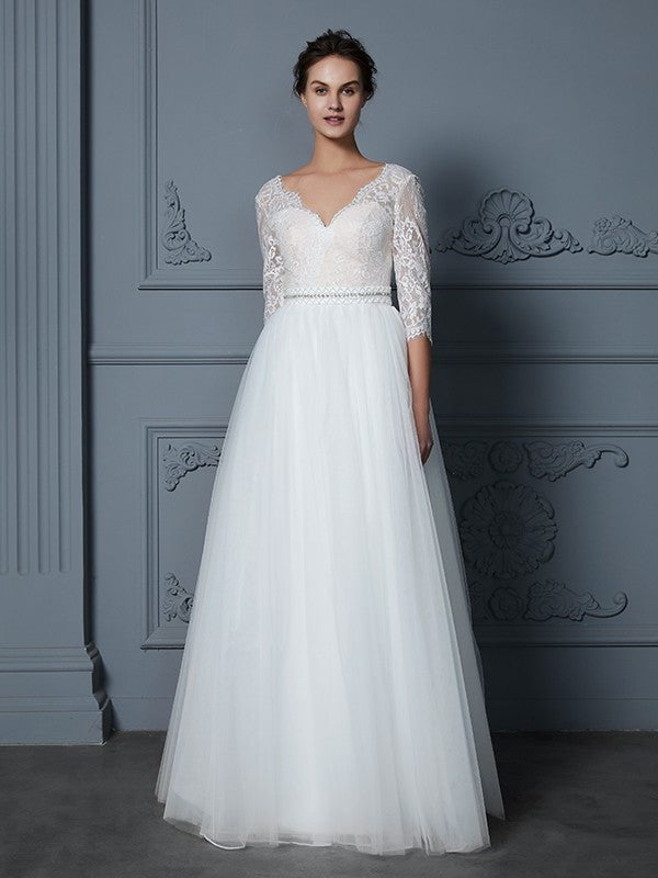 3/4 Lace V-neck Floor-Length A-Line/Princess Sleeves Tulle Wedding Dresses