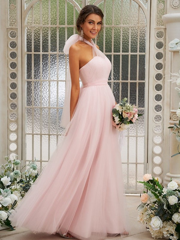 Sleeveless A-Line/Princess Tulle Ruffles Halter Floor-Length Bridesmaid Dresses
