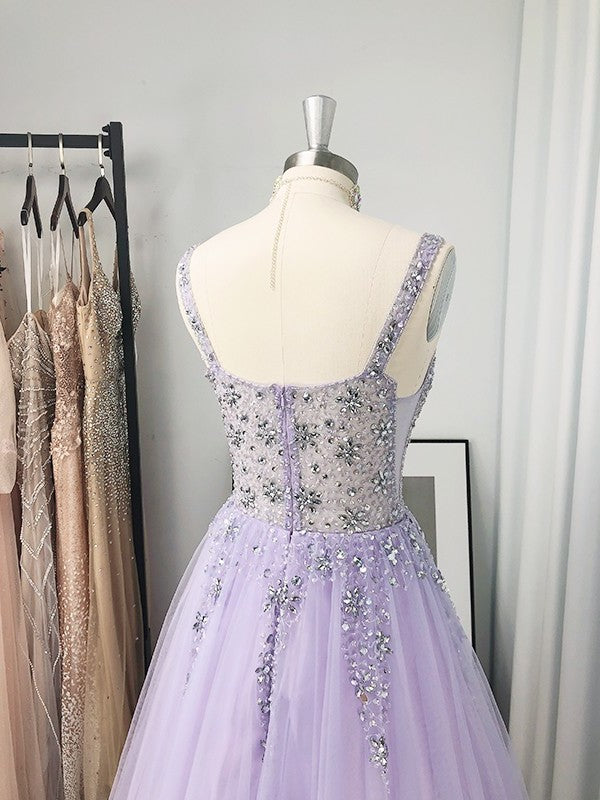 Tulle V-neck Beading A-Line/Princess Sleeveless Floor-Length Dresses