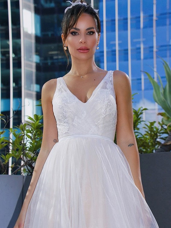 Sweep/Brush A-Line/Princess Tulle Sleeveless Applique V-neck Train Wedding Dresses