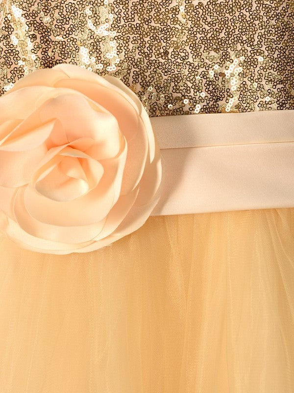 Tea-Length Sleeveless A-Line/Princess Flower Hand-Made Scoop Tulle Flower Girl Dresses
