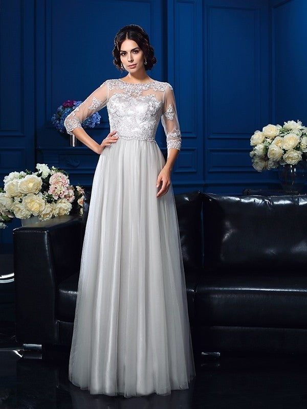 Elastic Woven Satin A-Line/Princess of Applique Long Mother 3/4 Sleeves Scoop the Bride Dresses