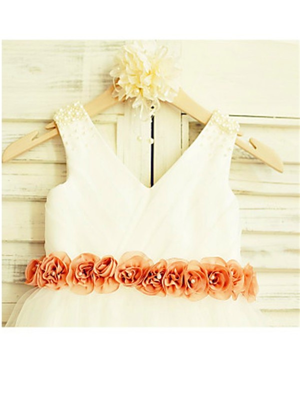 V-neck Sleeveless A-line/Princess Hand-made Tulle Flower Tea-Length Flower Girl Dresses