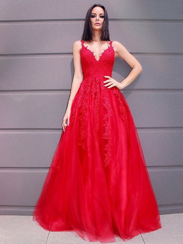 Floor-Length Tulle A-Line/Princess V-neck Applique Sleeveless Dresses