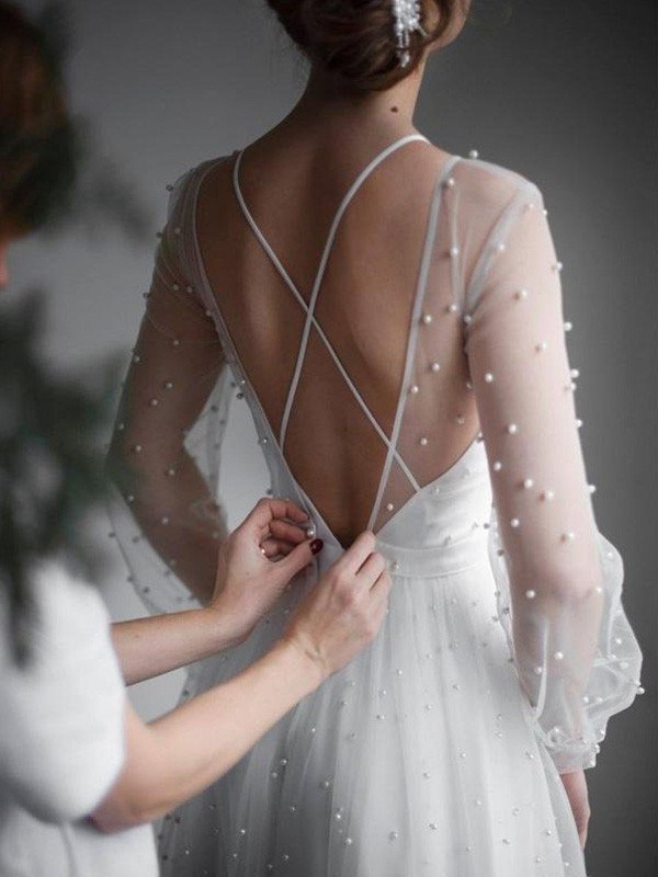 Scoop Sleeves Tulle Beading Sweep/Brush A-Line/Princess Long Train Wedding Dresses