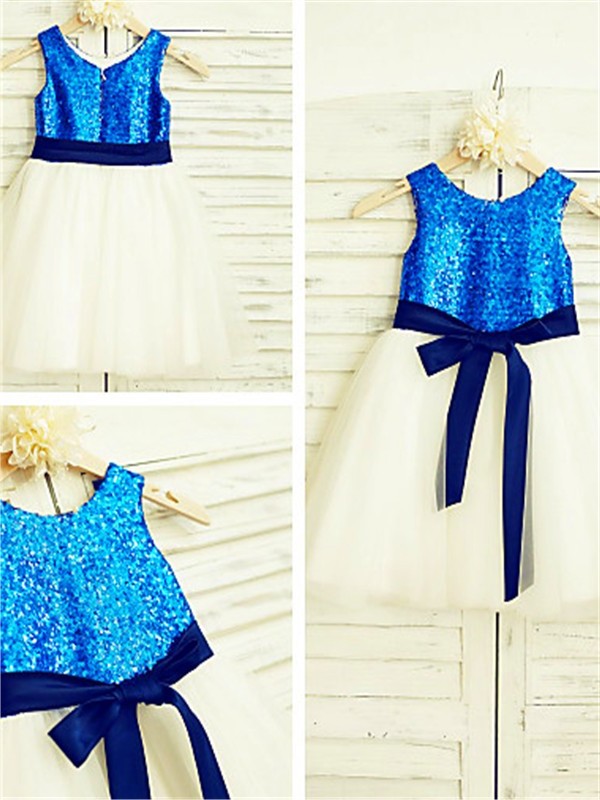 A-line/Princess Tulle Sleeveless Scoop Sequin Tea-Length Flower Girl Dresses