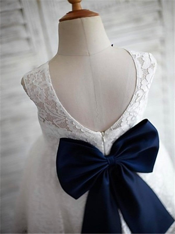 Tea-Length Bowknot Lace Scoop A-line/Princess Sleeveless Flower Girl Dresses