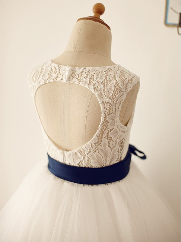 Tea-Length Sash/Ribbon/Belt A-Line/Princess Scoop Sleeveless Tulle Flower Girl Dresses