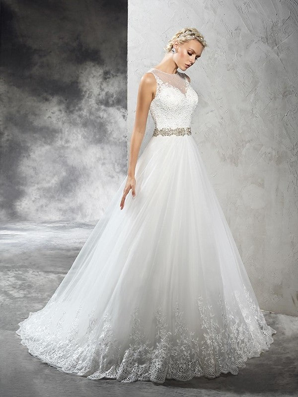 Sleeveless Neck Sheer A-Line/Princess Long Beading Net Wedding Dresses