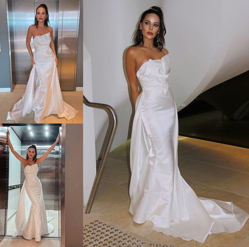 A-Line/Princess Sleeveless Strapless Ruched Court Satin Train Wedding Dresses