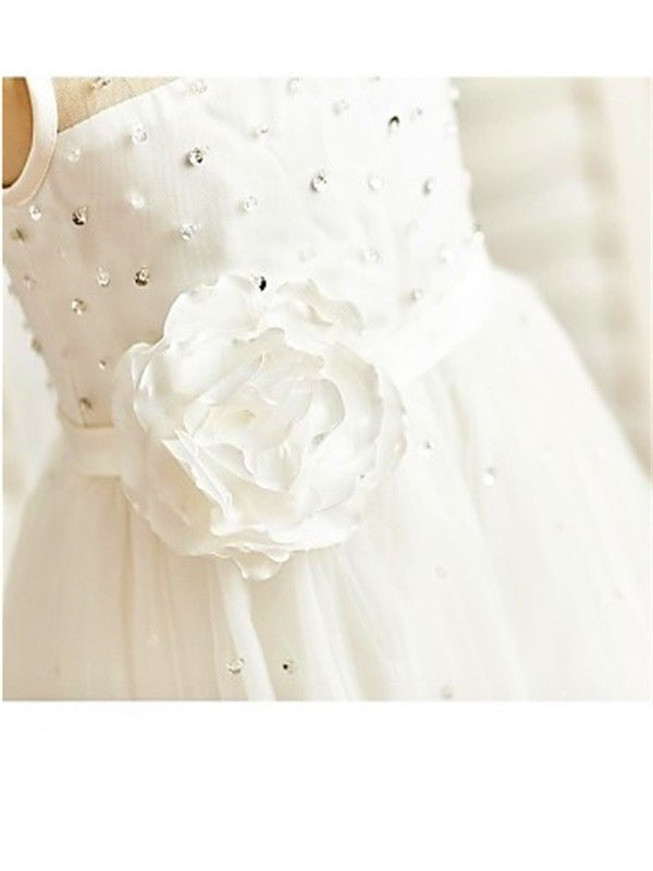 Tulle Scoop Sleeveless Hand-made A-line/Princess Tea-Length Flower Flower Girl Dresses